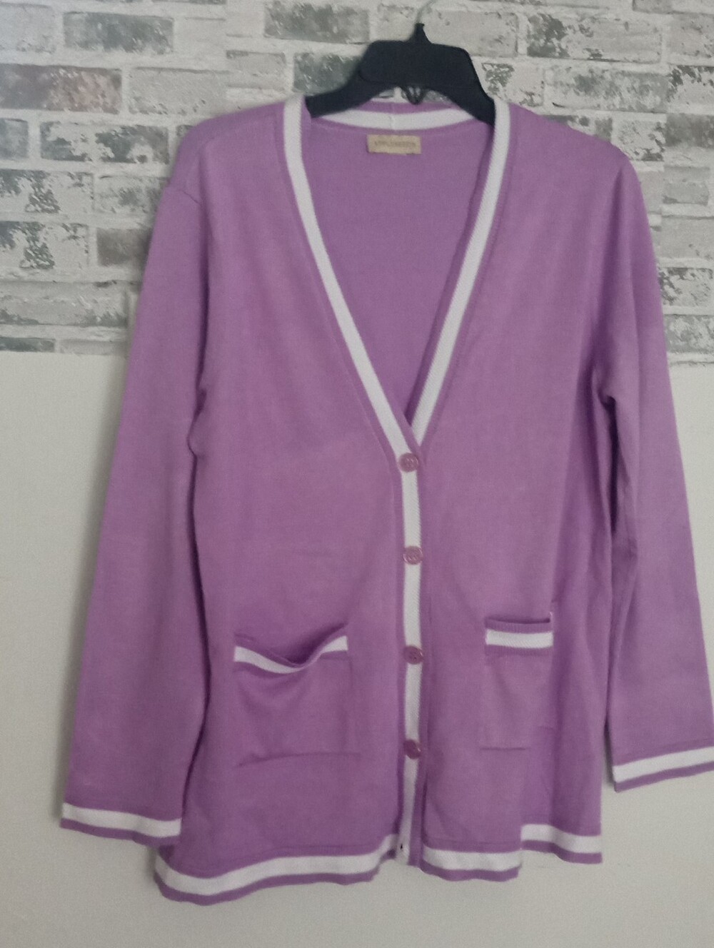 Appleseed's Lavender Button-Front Cardigan with White Trim